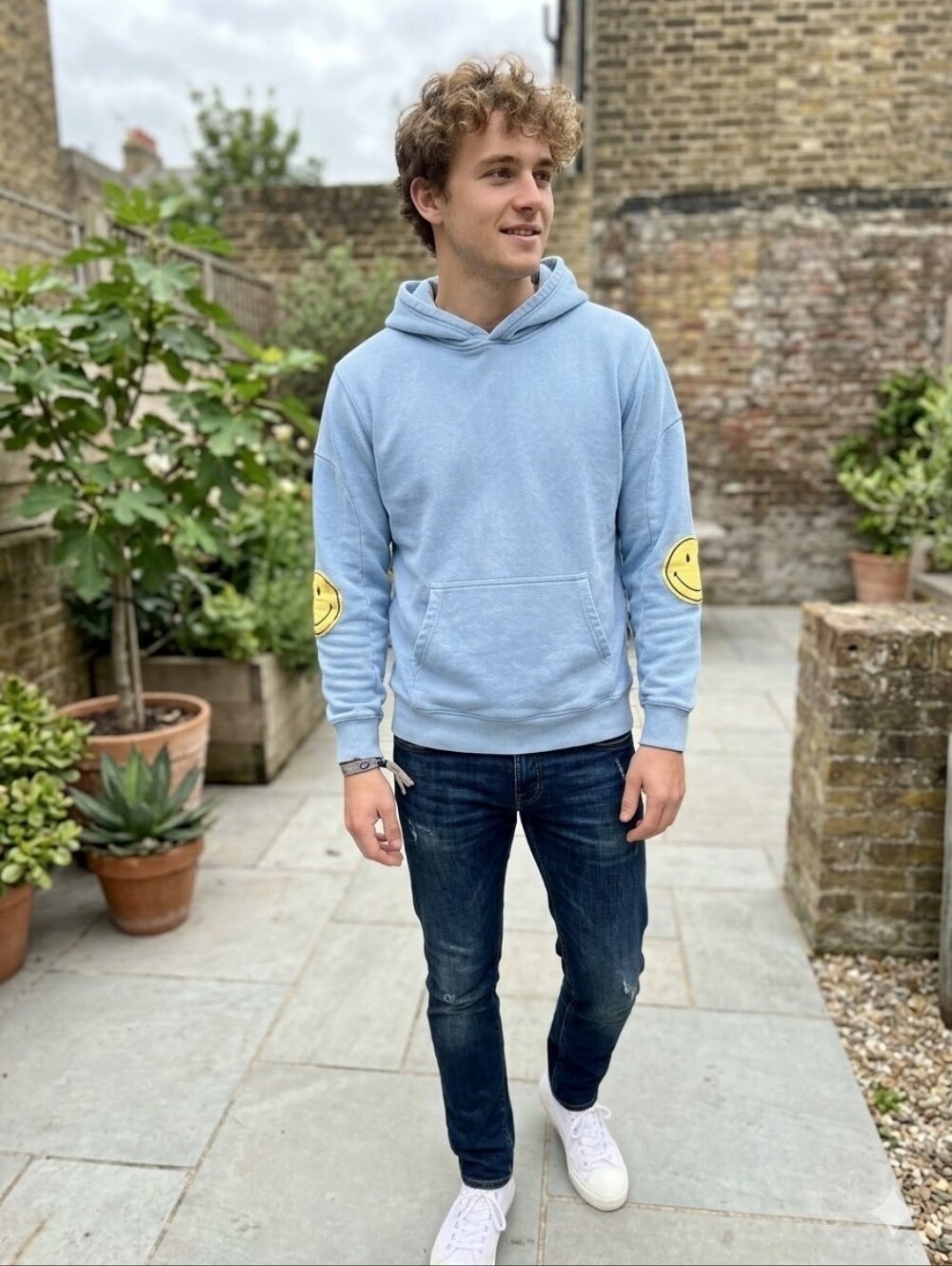 Smiley Light Blue Hoodie with Patches
